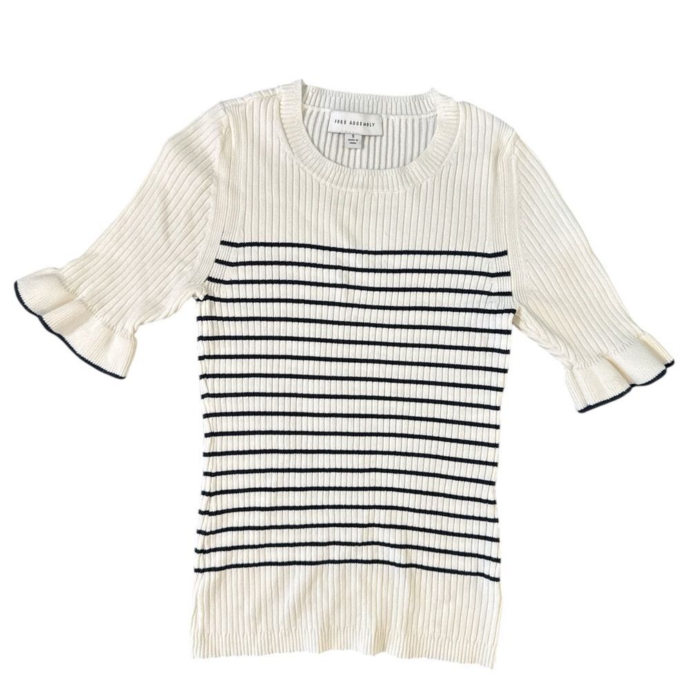 Free Assembly Striped Rib Knit Top Ruffle Sleeve White Black Size S